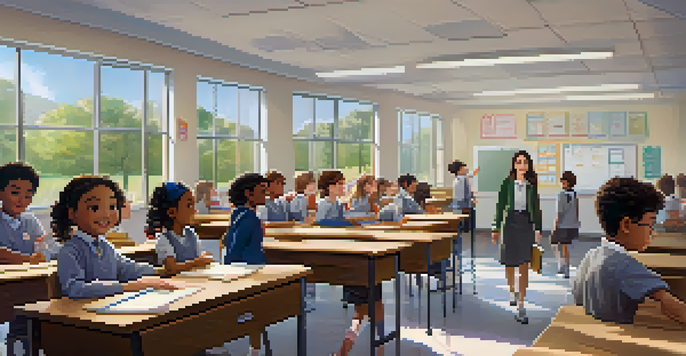 A calm classroom scene with students participating in a fire drill, guided by a teacher.