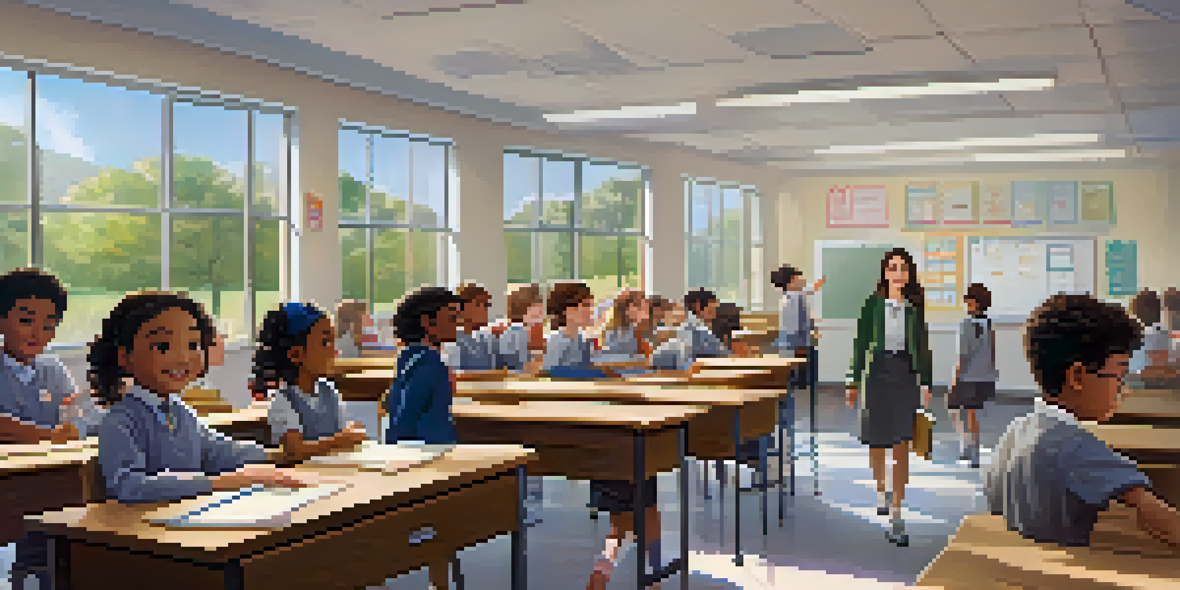 A calm classroom scene with students participating in a fire drill, guided by a teacher.