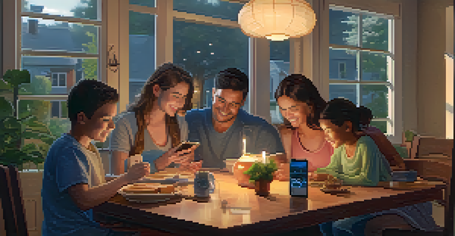 A happy family at a dining table using smartphones with safety apps, surrounded by a warm and inviting atmosphere.