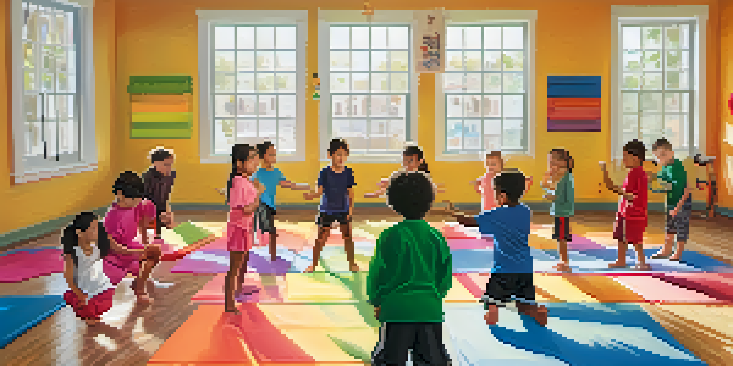 A diverse group of children happily practicing self-defense techniques in a colorful class setting, with an instructor guiding them.