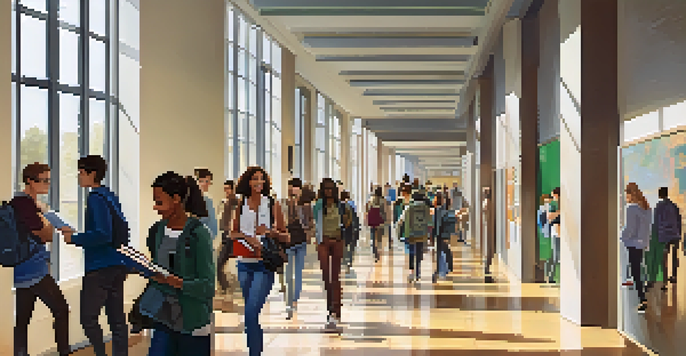 A crowded university hallway with students walking and chatting, surrounded by posters and bright natural light.