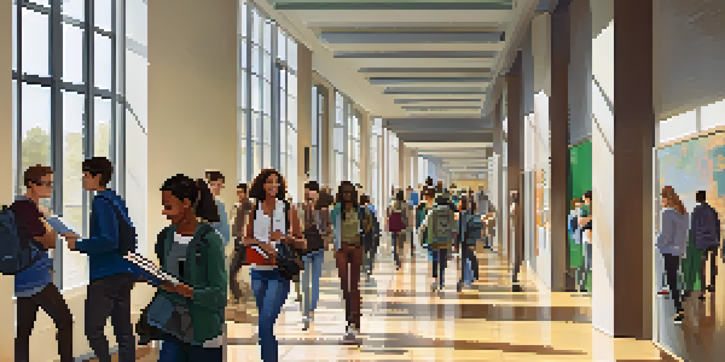 A crowded university hallway with students walking and chatting, surrounded by posters and bright natural light.