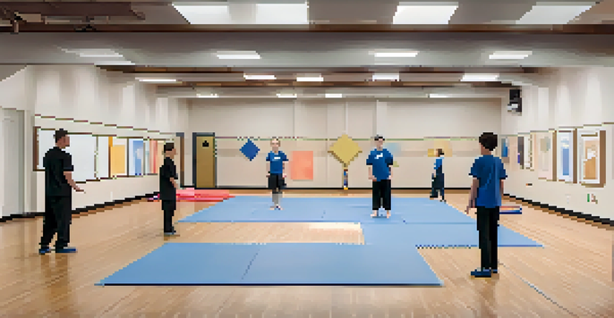A calm self-defense training environment with soft lighting, mats for practice, and an instructor teaching techniques to a small group of participants.
