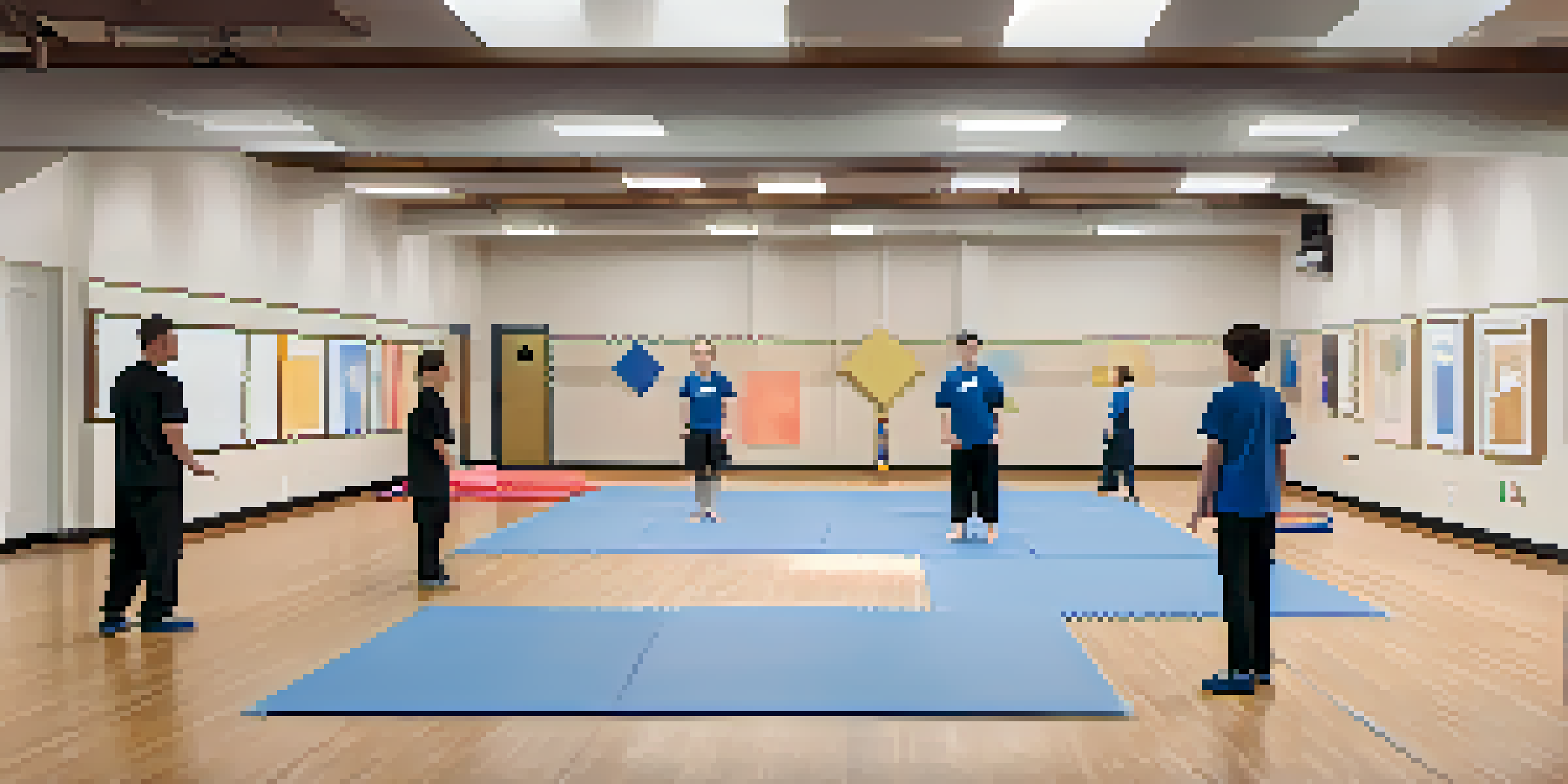 A calm self-defense training environment with soft lighting, mats for practice, and an instructor teaching techniques to a small group of participants.