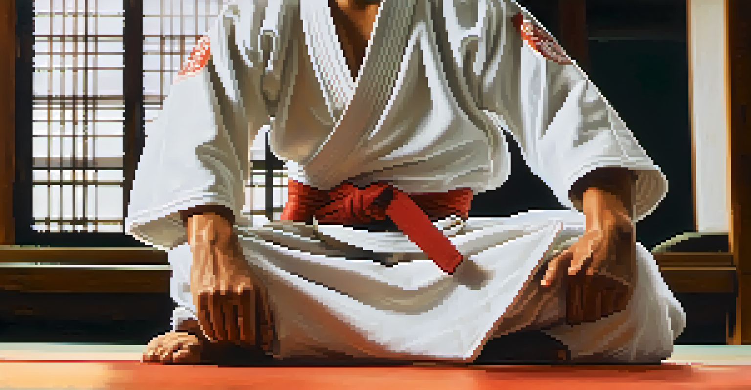 A close-up of hands tying a martial arts belt in a dojo, with a blurred background and soft lighting highlighting the fabric's texture.