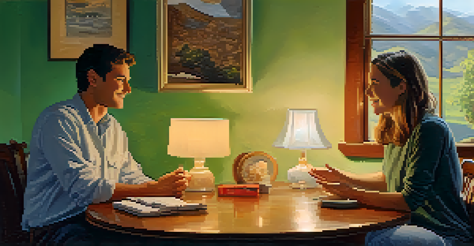 Two friends in a cozy room, one expressing boundaries while the other listens, with warm lighting enhancing the inviting ambiance.