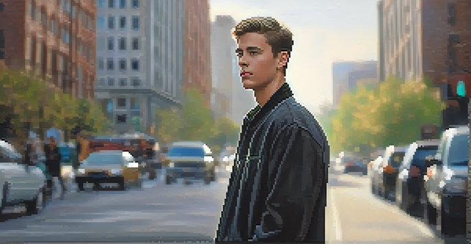 A confident person standing tall in an urban environment, making eye contact, with a blurred city street in the background.