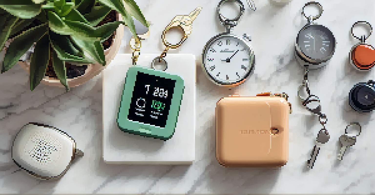 A collection of colorful personal alarms on a marble countertop, showcasing different designs and styles.