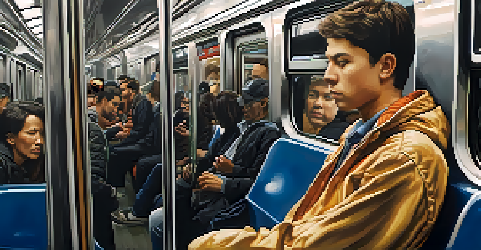 A person observing their surroundings on a crowded subway train, focused and attentive.