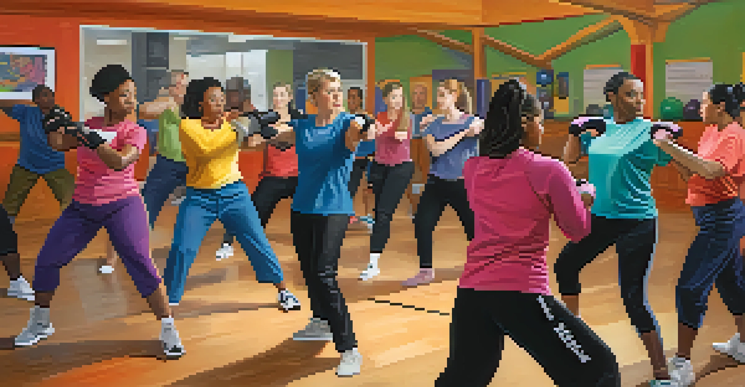 A diverse group of people practicing self-defense techniques in a supportive class environment.