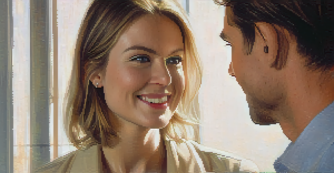 Two individuals having a conversation, with one smiling and the other leaning in to listen, showcasing positive body language.