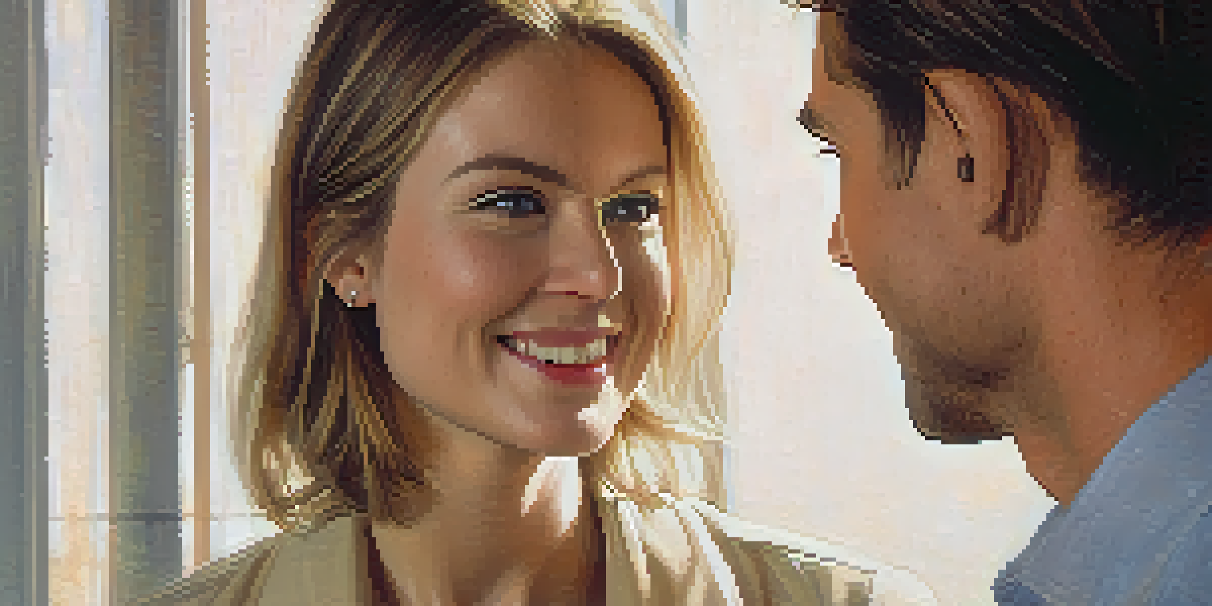 Two individuals having a conversation, with one smiling and the other leaning in to listen, showcasing positive body language.