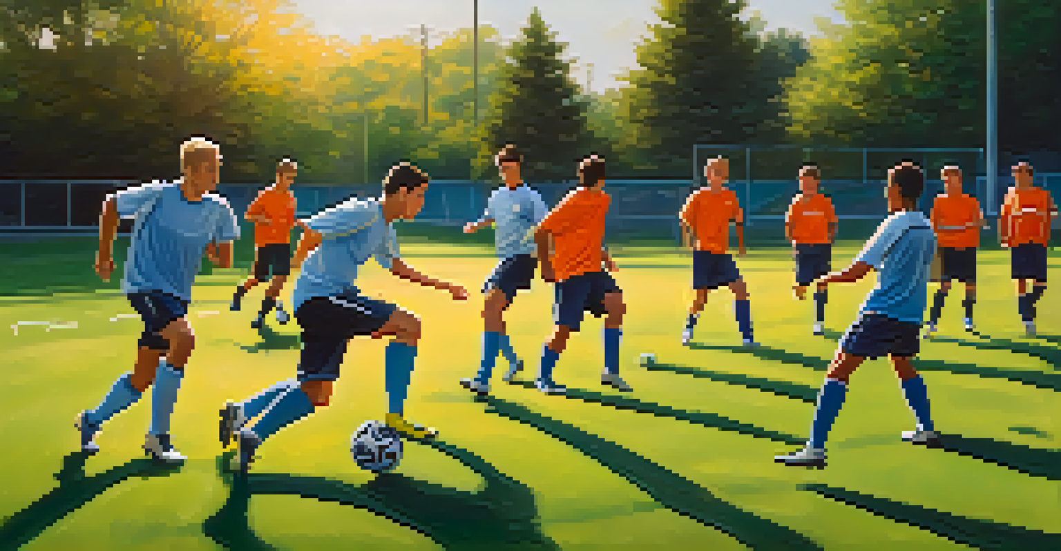 Soccer players practicing defensive drills in an outdoor setting, with a coach providing guidance.