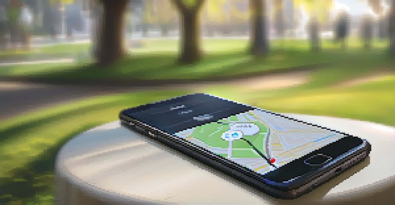 Close-up of a smartphone displaying a personal safety app with a map and alert features, set against a softly blurred outdoor background.