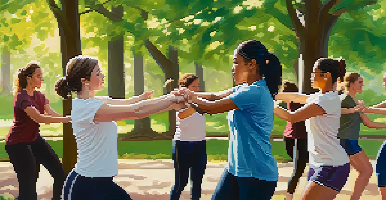 A woman instructor showing self-defense techniques to participants in a park, with greenery and sunlight enhancing the scene.