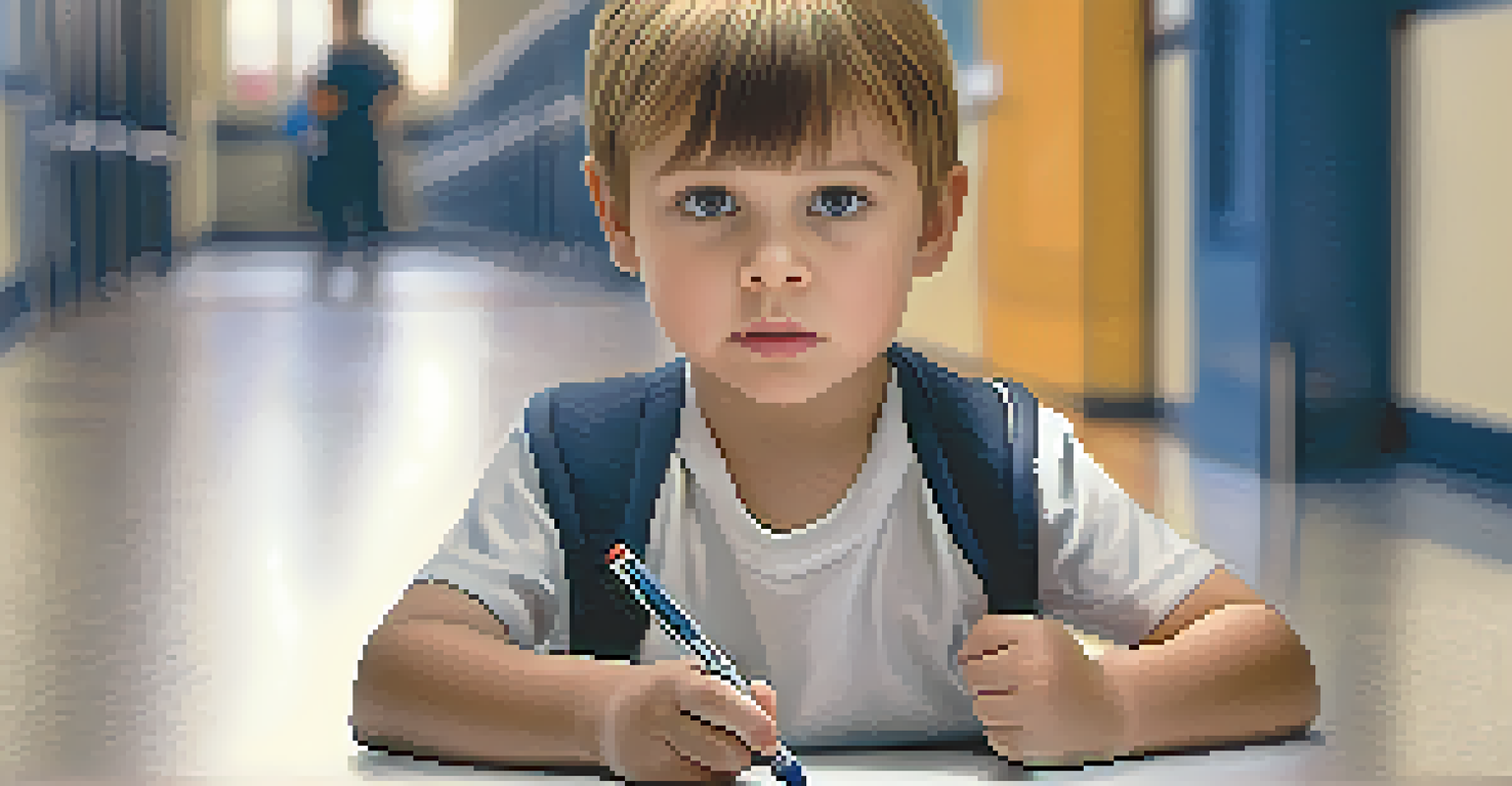 A child holding a pen in a defensive stance in a school hallway, illustrating the concept of self-defense with everyday objects.