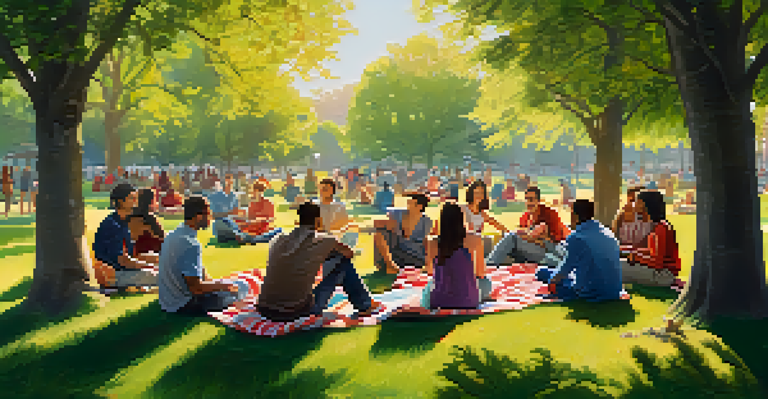 An outdoor gathering in a park with colorful cushions and blankets, friends sitting together, and trees providing a natural boundary.