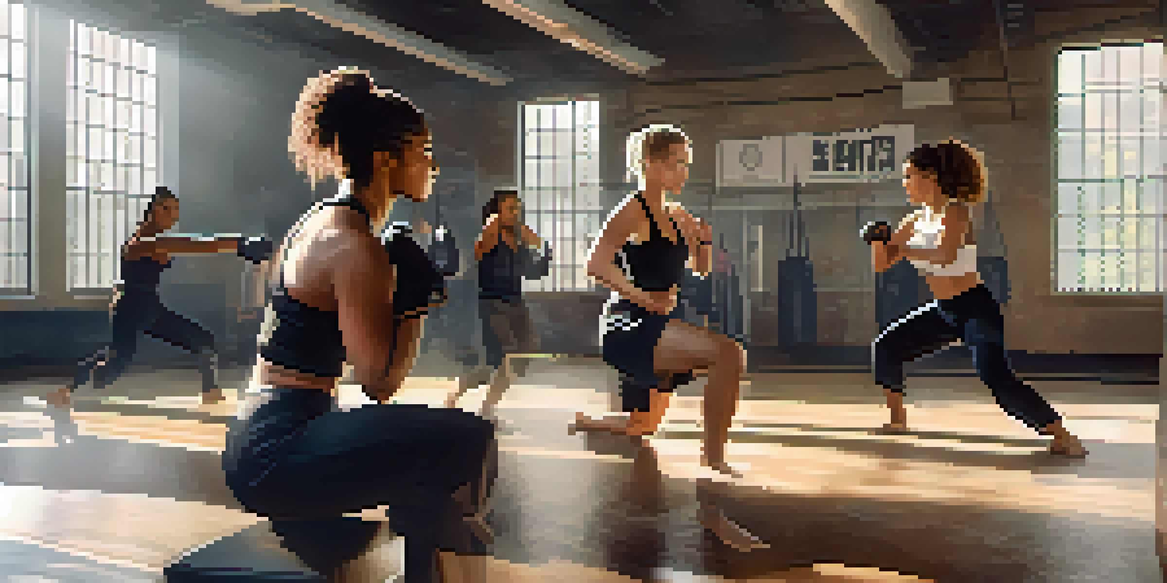 A group of women practicing self-defense in a gym, showing their determination and teamwork.