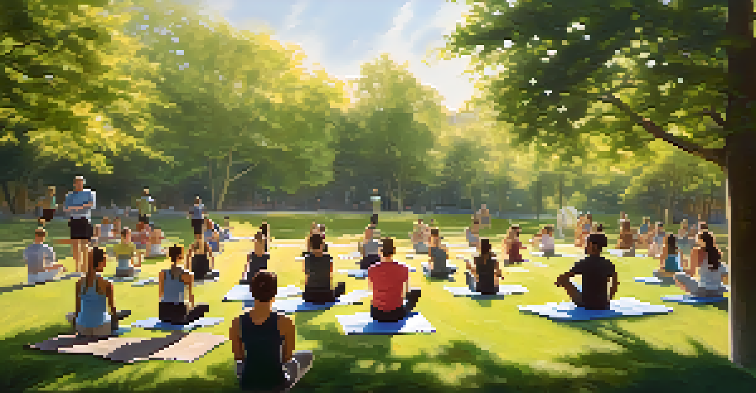 A fitness instructor leads a mindful stretching class in a peaceful park with trees and sunlight.