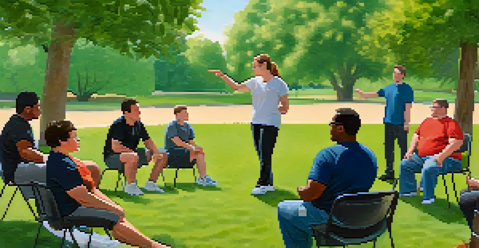 An instructor showing adaptive self-defense techniques to individuals with disabilities in a serene outdoor park, promoting awareness and support.