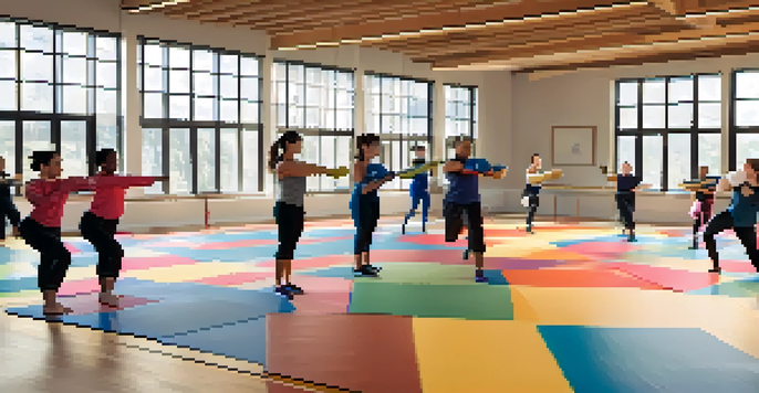 A diverse group of individuals practicing self-defense techniques in a bright and inviting studio, with an instructor leading the class.