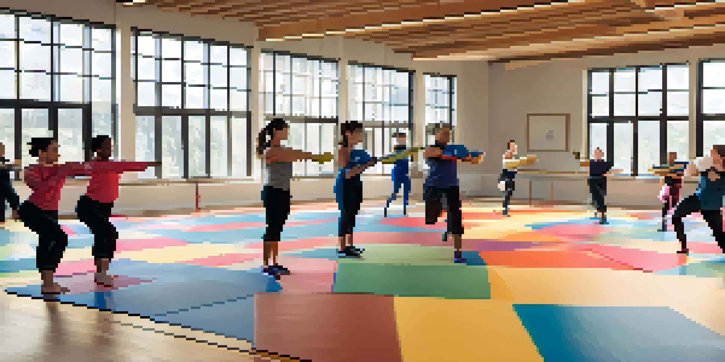 A diverse group of individuals practicing self-defense techniques in a bright and inviting studio, with an instructor leading the class.