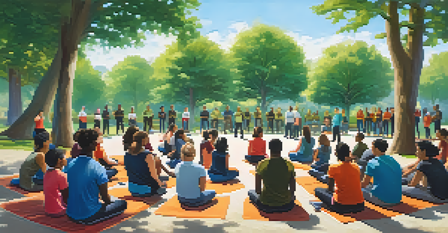 Young adults gathered in a park for an outdoor self-defense workshop, learning from an instructor surrounded by nature.