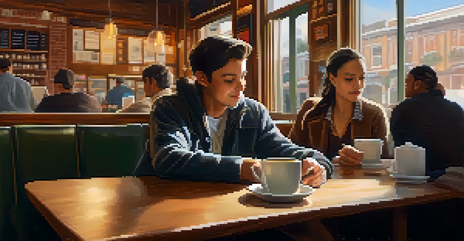 Inside a coffee shop, one person listens attentively to another, creating a warm and empathetic atmosphere.