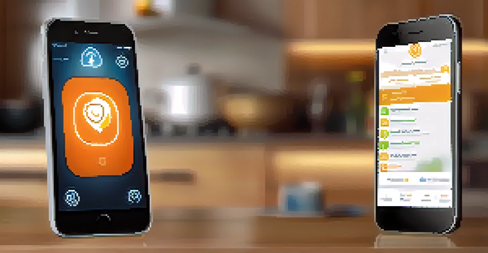 A smartphone screen showing a personal safety app with emergency features, set against a cozy home background.