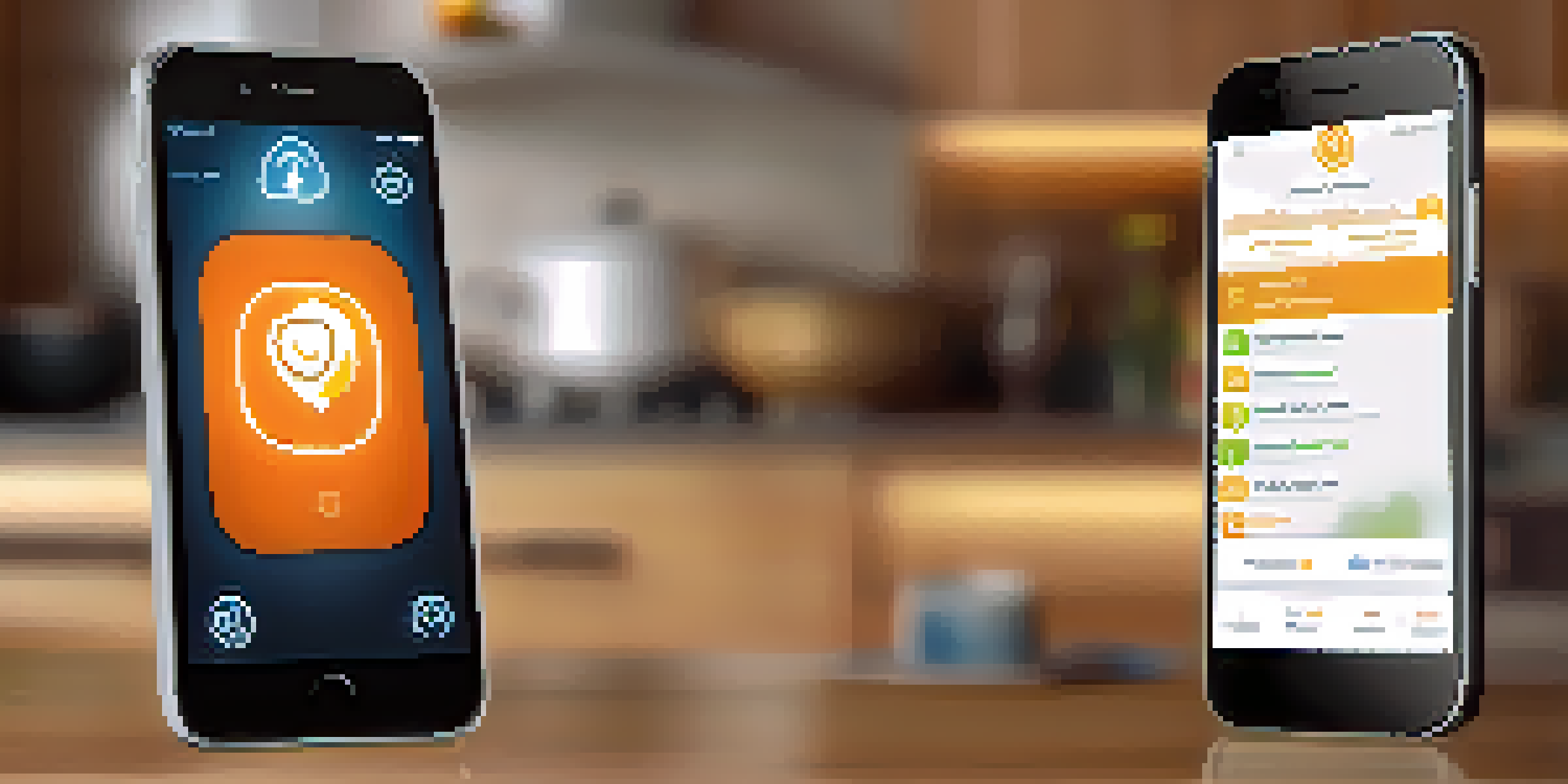 A smartphone screen showing a personal safety app with emergency features, set against a cozy home background.