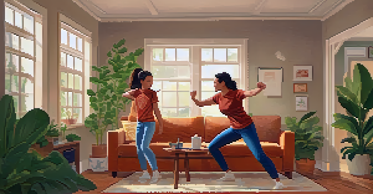 Two friends practicing self-defense techniques in a cozy living room.