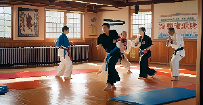 A diverse group of individuals practicing self-defense techniques in a brightly lit dojo, showcasing support and camaraderie.