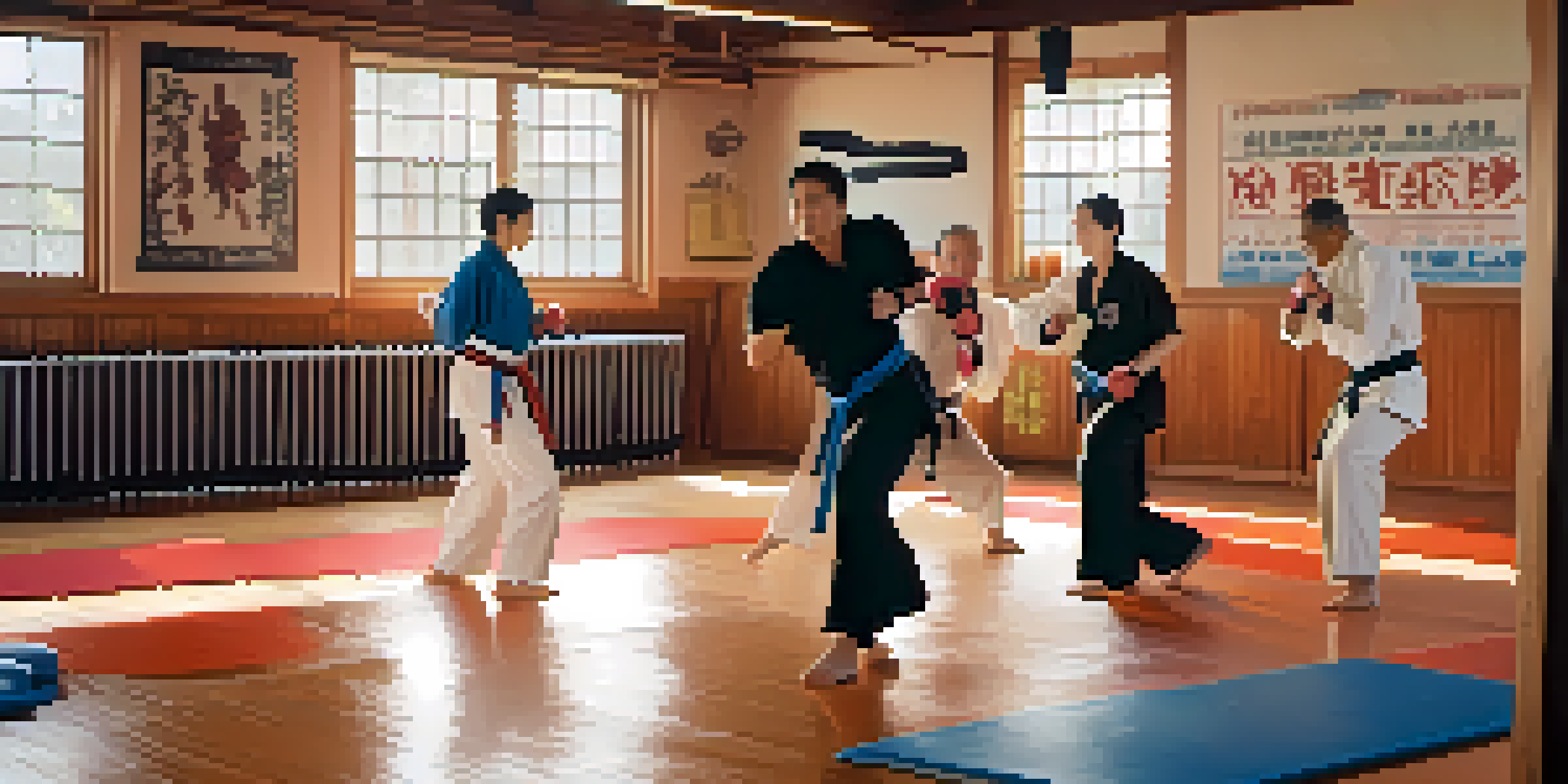 A diverse group of individuals practicing self-defense techniques in a brightly lit dojo, showcasing support and camaraderie.