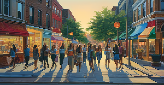 A lively urban street with women walking confidently, surrounded by colorful shops and street art, illuminated by warm street lights.