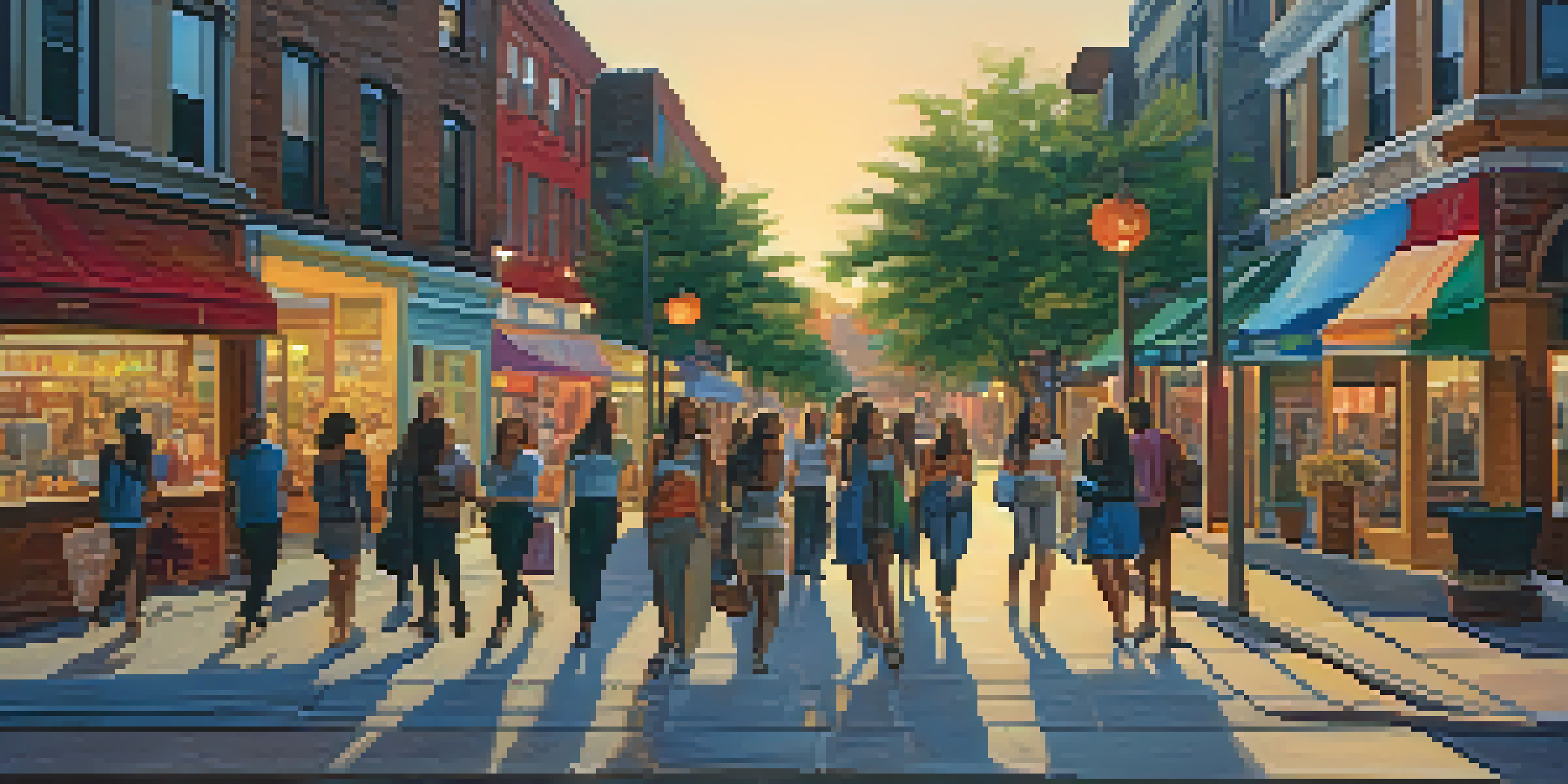 A lively urban street with women walking confidently, surrounded by colorful shops and street art, illuminated by warm street lights.
