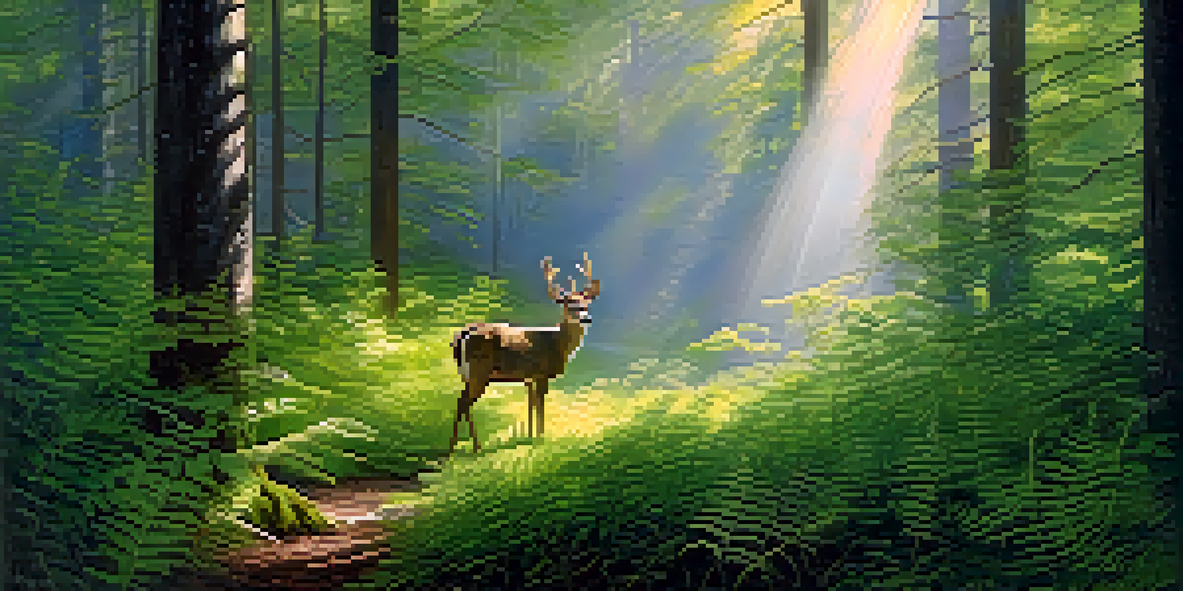 A quiet forest with a deer standing still, surrounded by greenery and soft morning light.