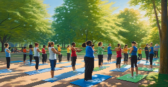 A diverse group of people practicing self-defense techniques in a sunny park with green trees and a blue sky.