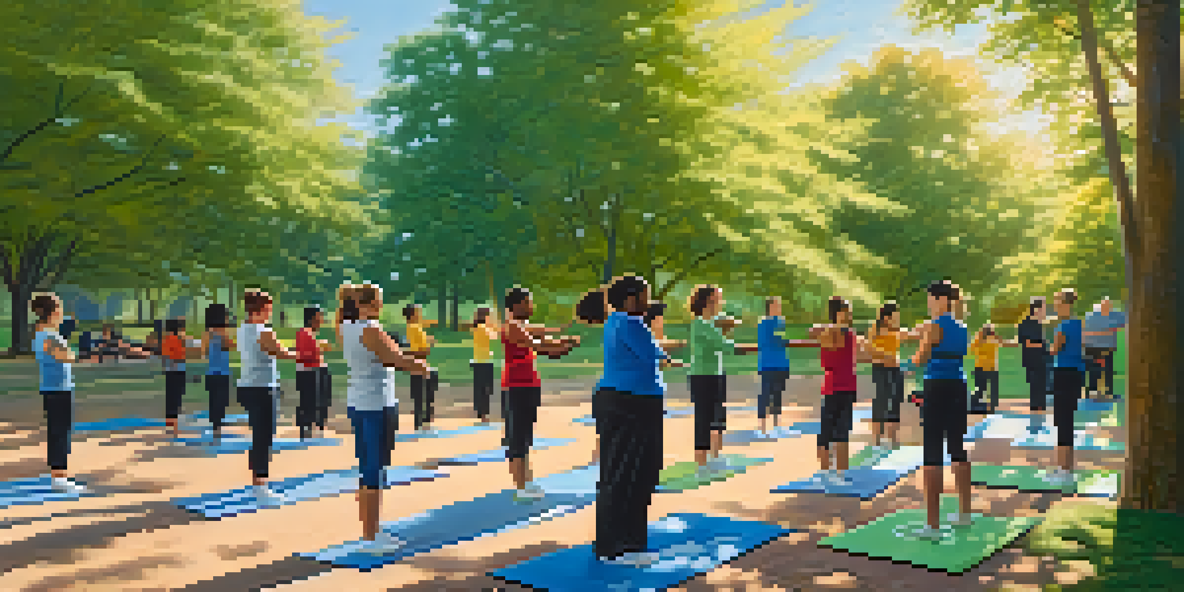 A diverse group of people practicing self-defense techniques in a sunny park with green trees and a blue sky.