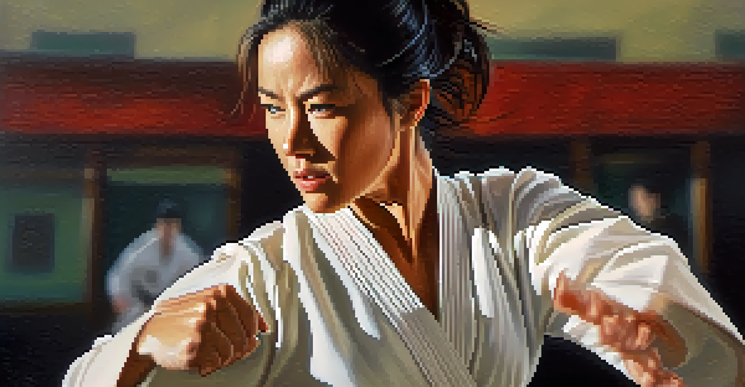 A close-up of a woman confidently performing a self-defense move in a martial arts class.