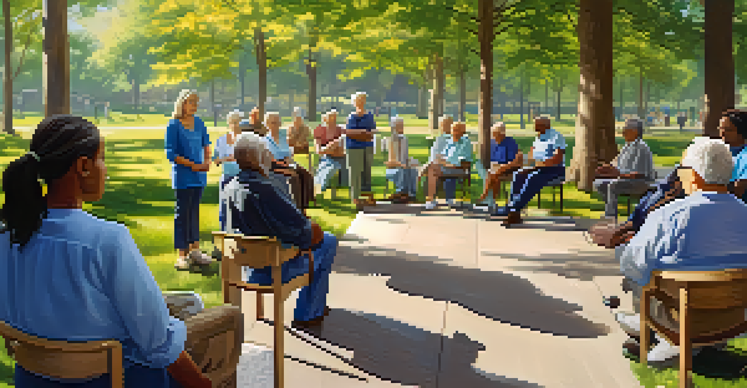 A group of diverse seniors participating in a safety training workshop in a sunny park, with a trainer demonstrating techniques.