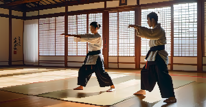A couple engaged in self-defense practice in a well-lit dojo, emphasizing teamwork and focus.