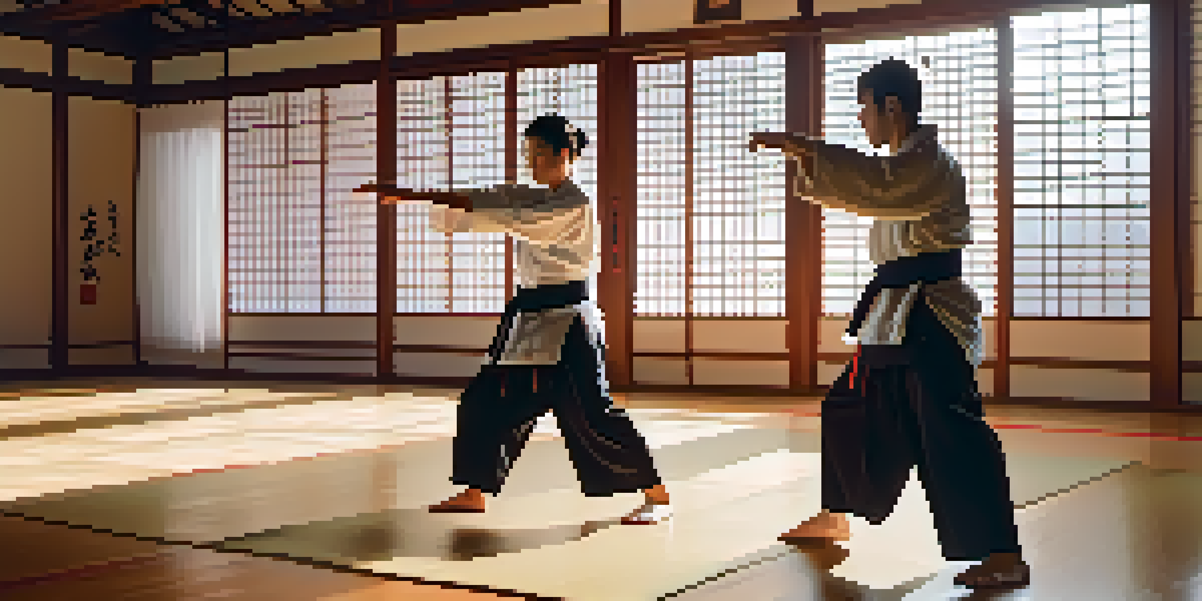 A couple engaged in self-defense practice in a well-lit dojo, emphasizing teamwork and focus.