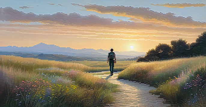 A peaceful rural landscape with a winding path, tall grass, and mountains in the background during sunset.