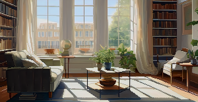 A woman sitting on a sofa in a sunlit room, holding a cup of tea, looking relaxed and contemplative.