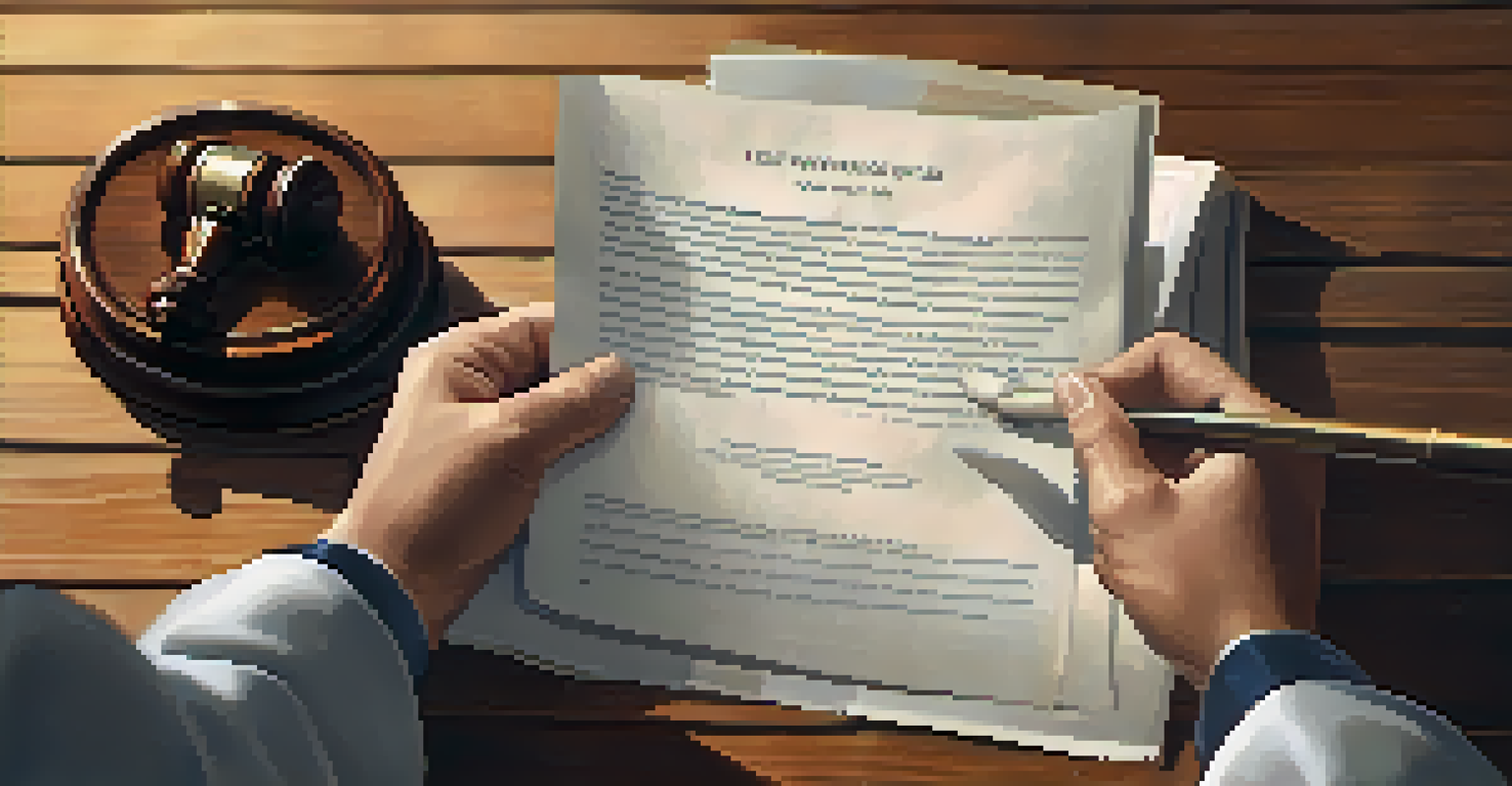 Hands holding a legal document about self-defense laws on a wooden table, with a law book and gavel in the background.