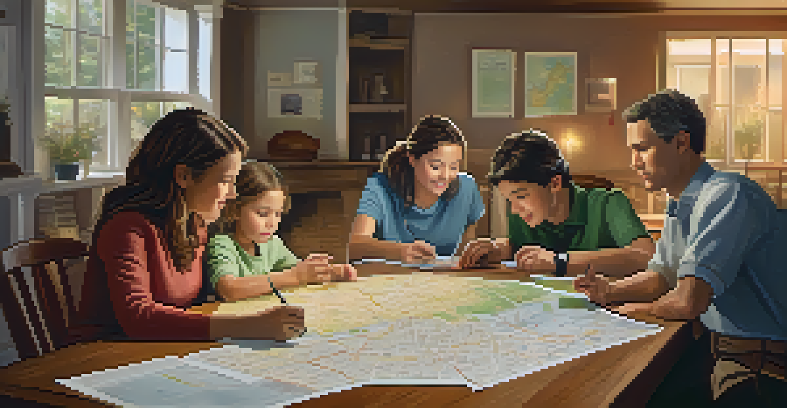 A family discussing their emergency preparedness plan around a table with a map.