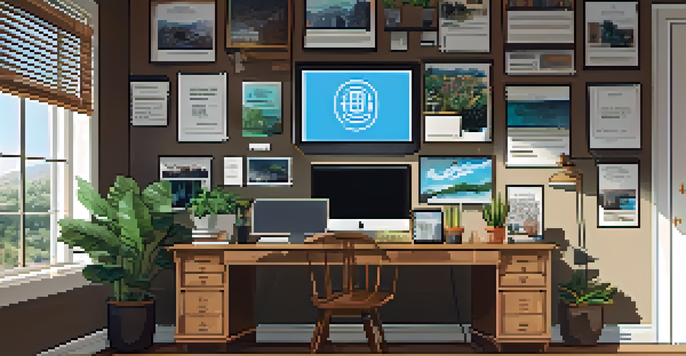 A cozy home office featuring a wooden desk with a laptop showing cybersecurity software, surrounded by potted plants and illuminated by natural light from a window.