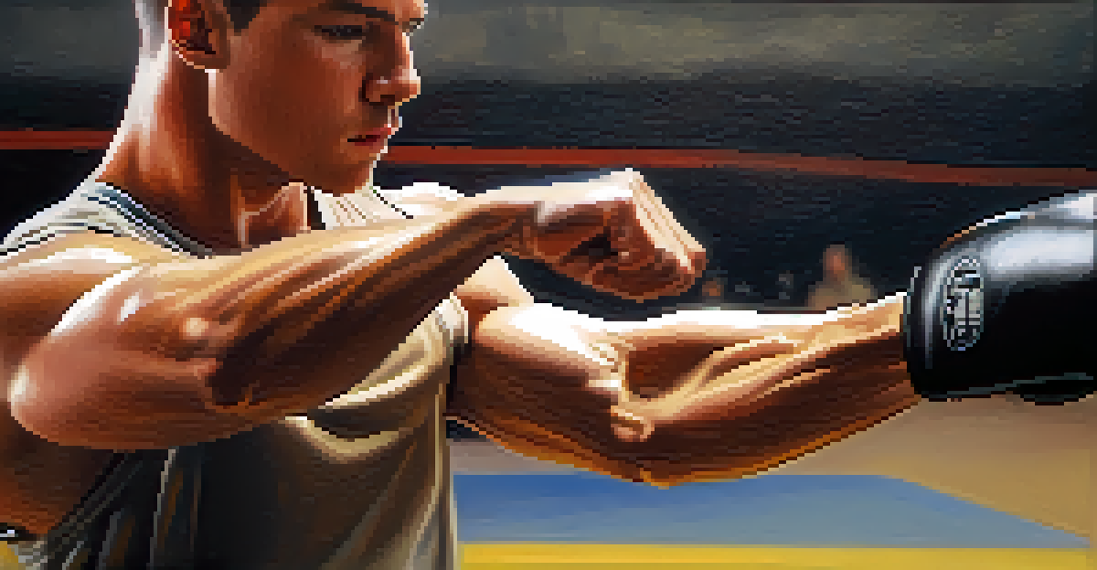 A close-up of an athlete's hand performing a blocking technique in self-defense training.