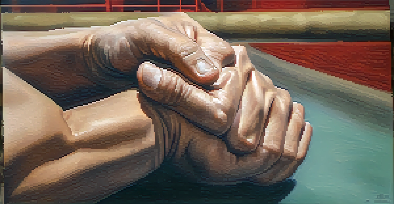 Close-up of a person's hands demonstrating a self-defense grip in a training facility.