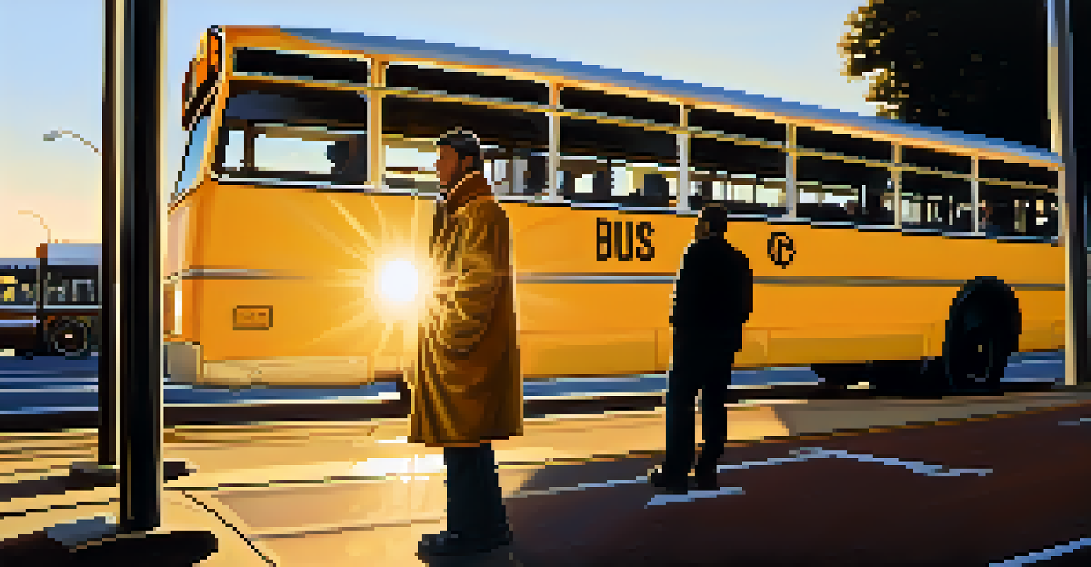 A commuter standing near the exit of a bus, looking around with a calm and alert expression.